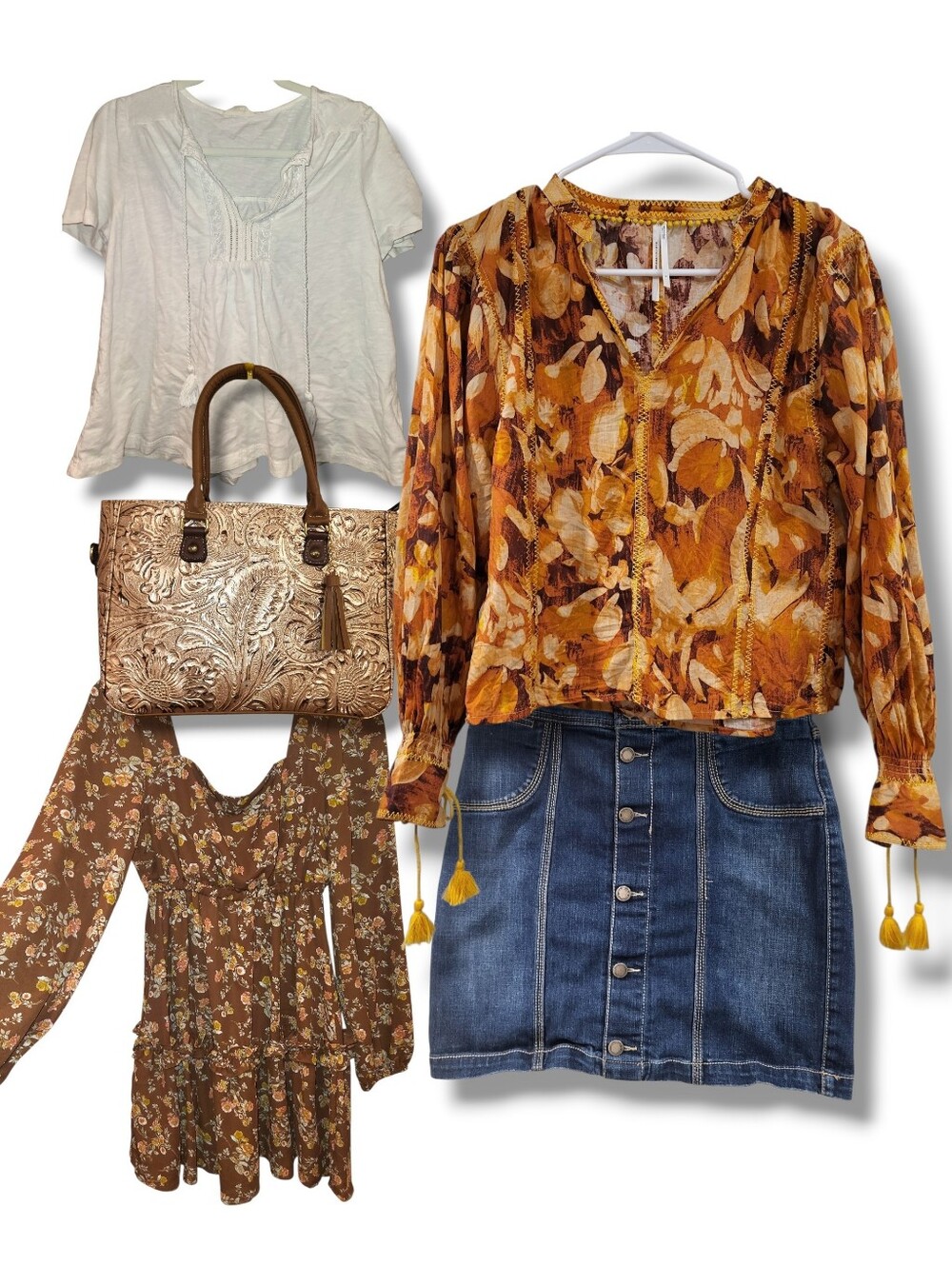 Anthropologie Boho Floral Peasant Blouse + Denim Skirt OUTFIT BUNDLE